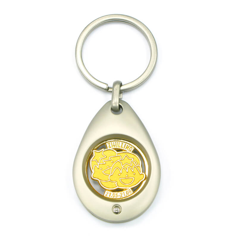 The front side of Drop Shaped Metal Trolley Token Keychain