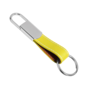 Letters and text are digitally printed on a leather keychain.