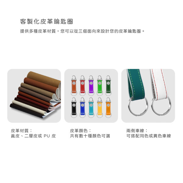 鷹勾扣客製皮革鑰匙圈的皮革可以選擇材質、顏色和車線