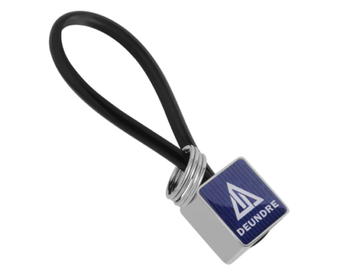 The Zinc Alloy Square Custom Keychain with PVC Rope has a gleaming metal surface.
