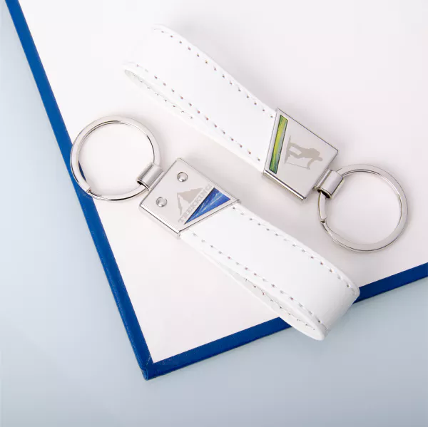 White Color Version Of Slanted Metal Leather Keychain (Glitter Digital Printed)